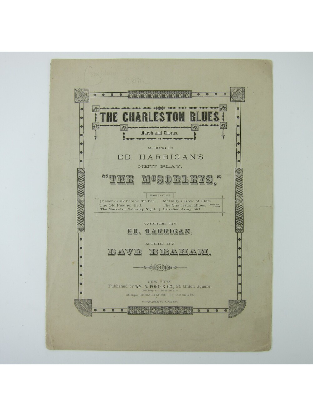Sheet Music The Charleston Blues Ed Harrigan The McSorleys Braham Antique 1882